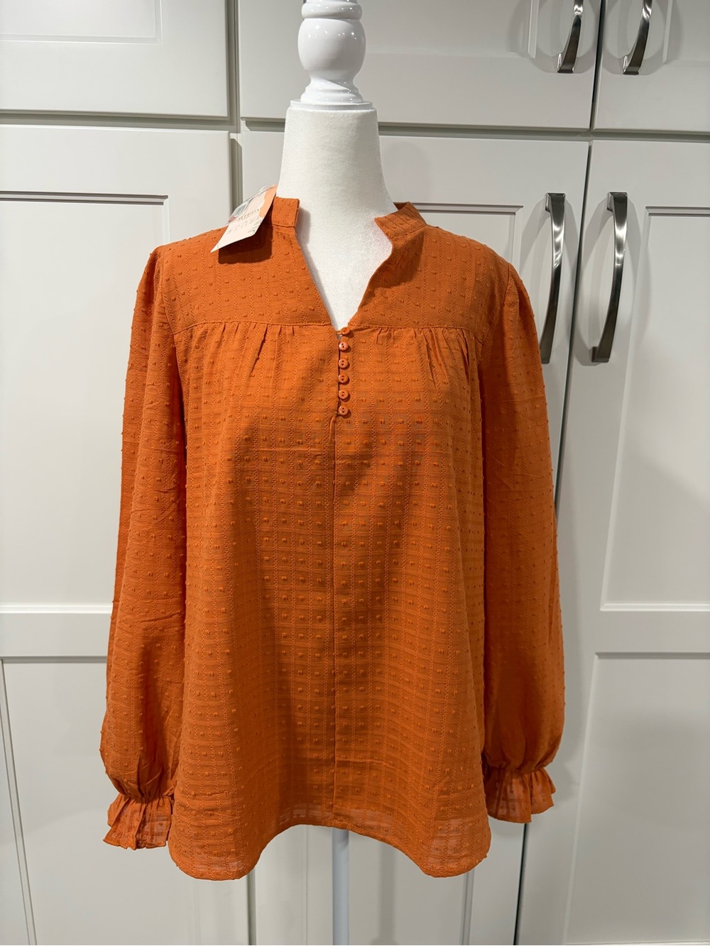 Textured Orange Button-Front Blouse with Ruffle Cuffs